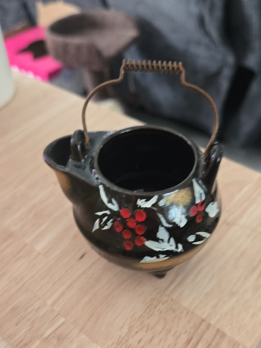 Vintage Japanese Redware Black Ceramic Pot with Red Berry Motif